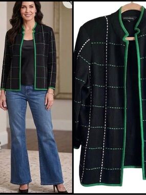 Ming Wang Black Windowpane Stitch Open Front Knit Green Trim Classic Cardigan M